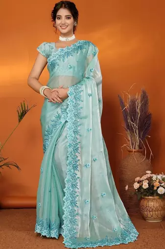 Sea green floral embroidered heavy work saree
