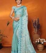 Sea green floral embroidered heavy work saree
