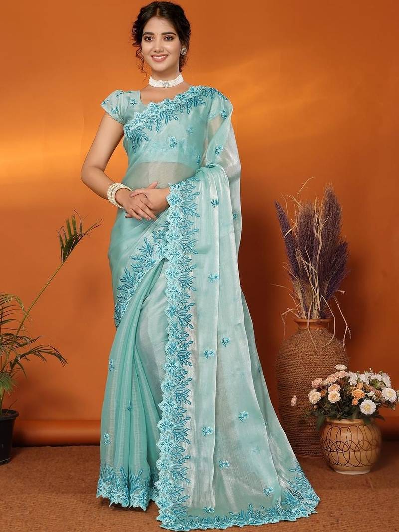 Sea green floral embroidered heavy work saree