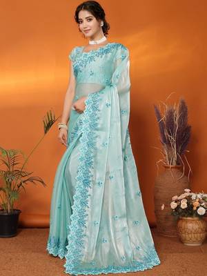 Sea green floral embroidered heavy work saree 2
