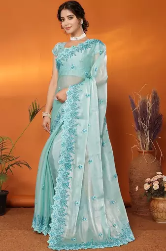 Sea green floral embroidered heavy work saree