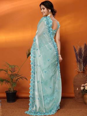 Sea green floral embroidered heavy work saree 3