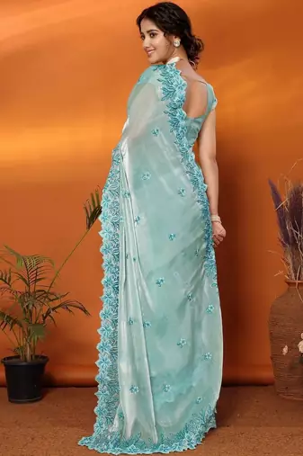 Sea green floral embroidered heavy work saree