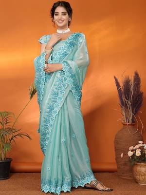 Sea green floral embroidered heavy work saree 4