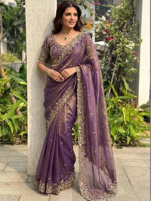 Purple embellished embroidered satin heavy work saree 1