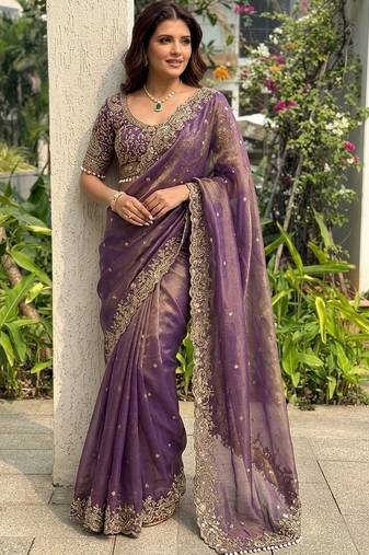 Purple embellished embroidered satin heavy work saree