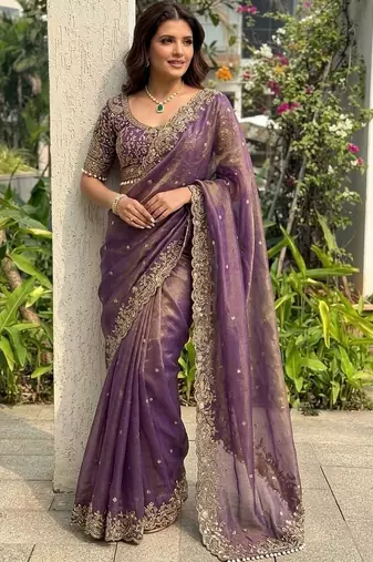 Purple embellished embroidered satin heavy work saree
