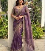 Purple embellished embroidered satin heavy work saree