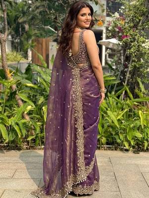Purple embellished embroidered satin heavy work saree 2