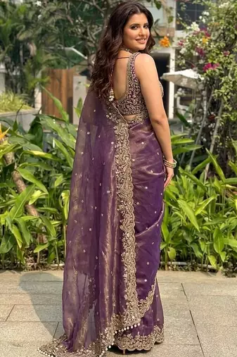 Purple embellished embroidered satin heavy work saree