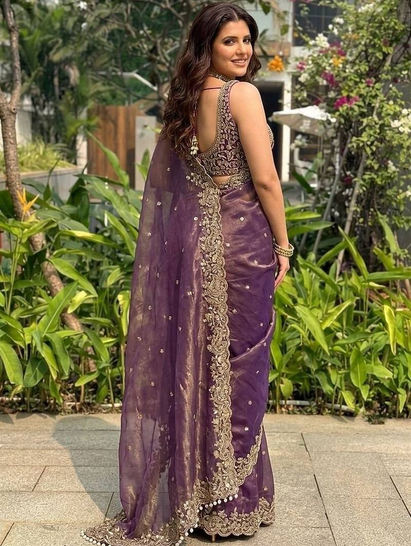 Purple embellished embroidered satin heavy work saree