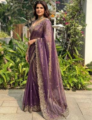 Purple embellished embroidered satin heavy work saree 3