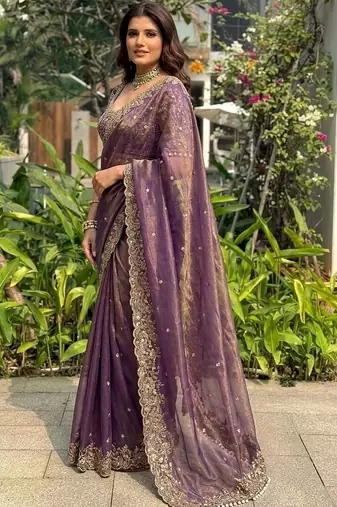 Purple embellished embroidered satin heavy work saree