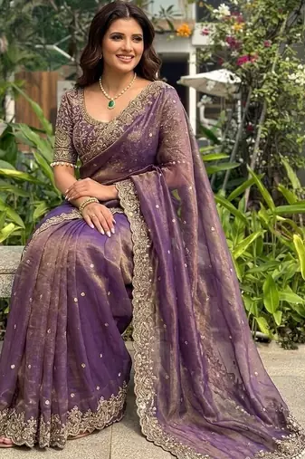 Purple embellished embroidered satin heavy work saree