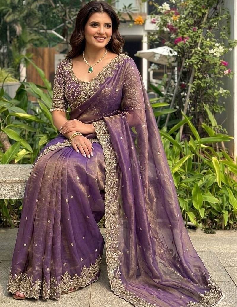 Purple embellished embroidered satin heavy work saree
