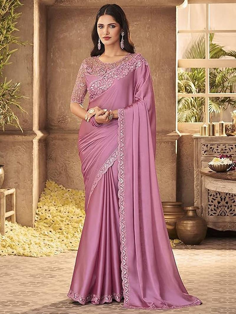 Pink sequinned poly georgette saree