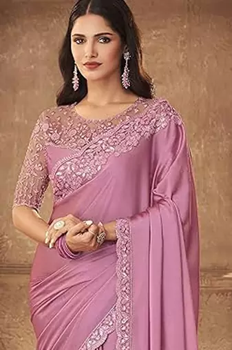 Pink sequinned poly georgette saree