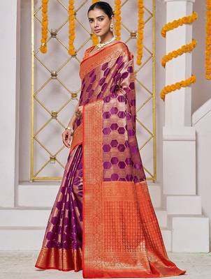 Purple woven design zari banarasi saree 4
