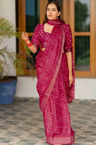 Pink pink printed silk blend bandhani sarees