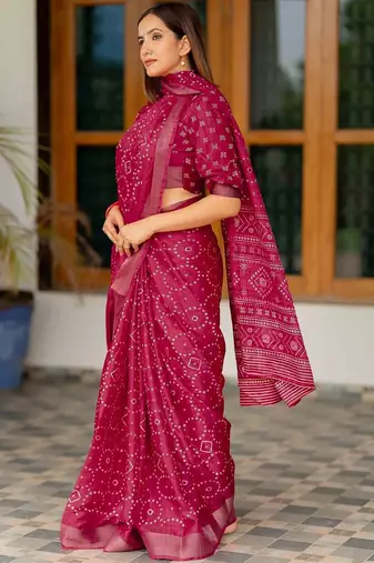 Pink pink printed silk blend bandhani sarees
