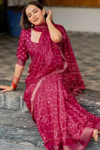 Pink pink printed silk blend bandhani sarees