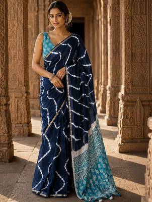Navy blue tie and dye linen blend designer block print saree 1