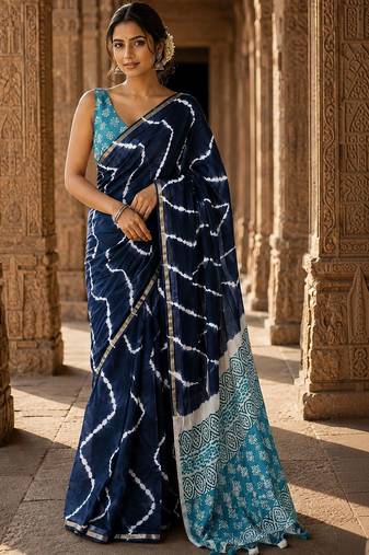 Navy blue tie and dye linen blend designer block print saree