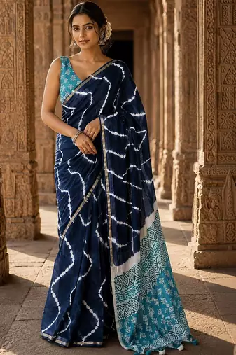 Navy blue tie and dye linen blend designer block print saree
