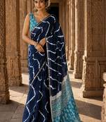 Navy blue tie and dye linen blend designer block print saree