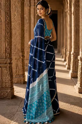 Navy blue tie and dye linen blend designer block print saree