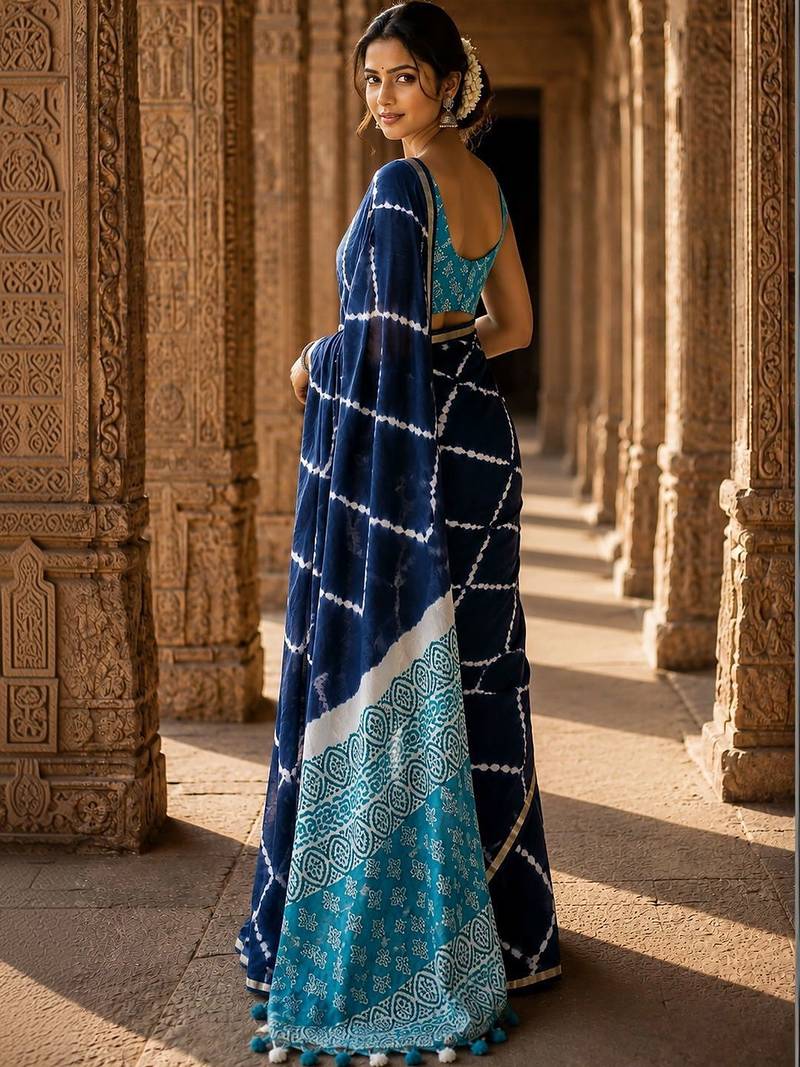 Navy blue tie and dye linen blend designer block print saree