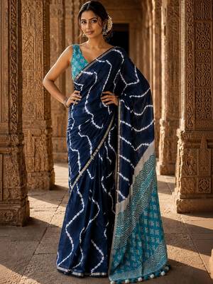 Navy blue tie and dye linen blend designer block print saree 3
