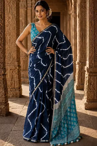 Navy blue tie and dye linen blend designer block print saree