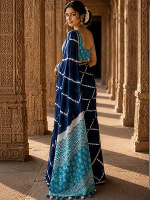 Navy blue tie and dye linen blend designer block print saree 4