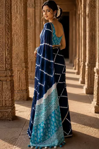 Navy blue tie and dye linen blend designer block print saree