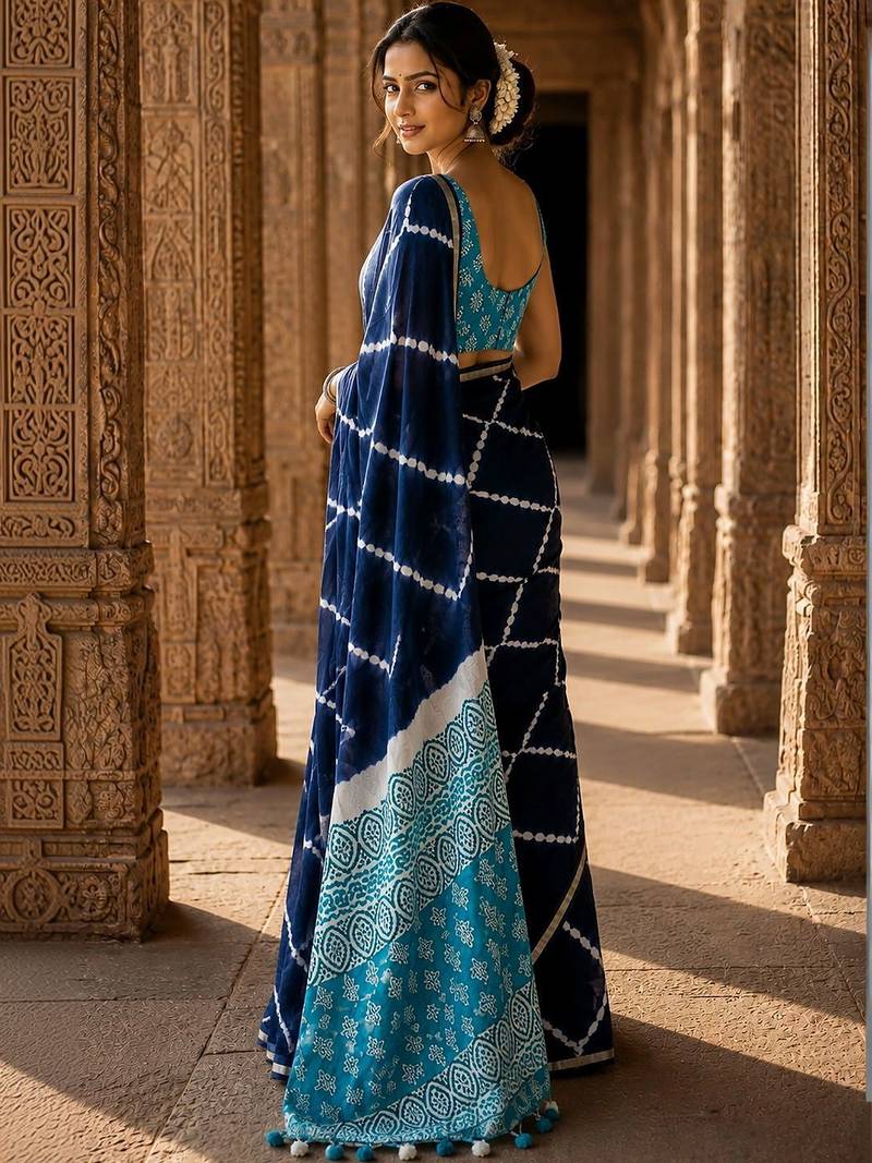 Navy blue tie and dye linen blend designer block print saree