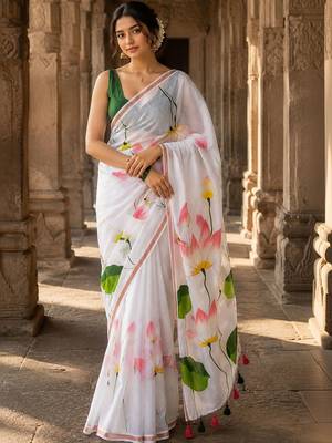 White floral linen blend designer block print saree 1