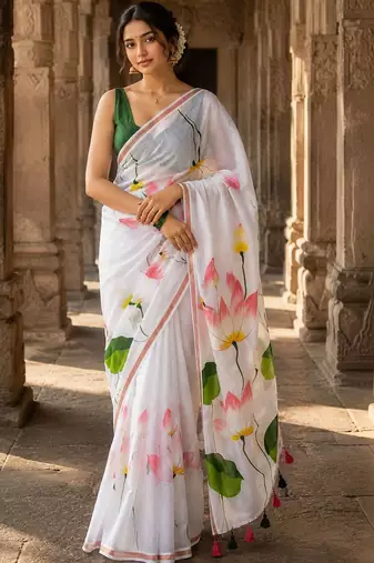 White floral linen blend designer block print saree