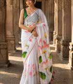 White floral linen blend designer block print saree