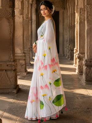 White floral linen blend designer block print saree 2