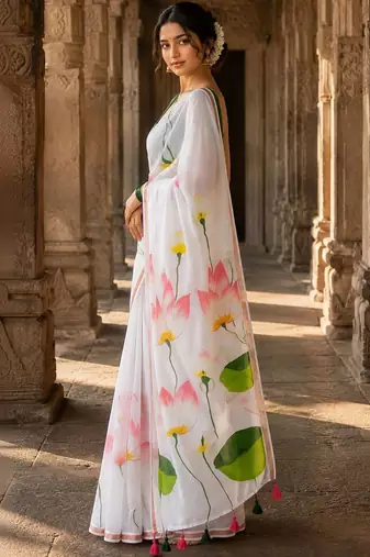 White floral linen blend designer block print saree