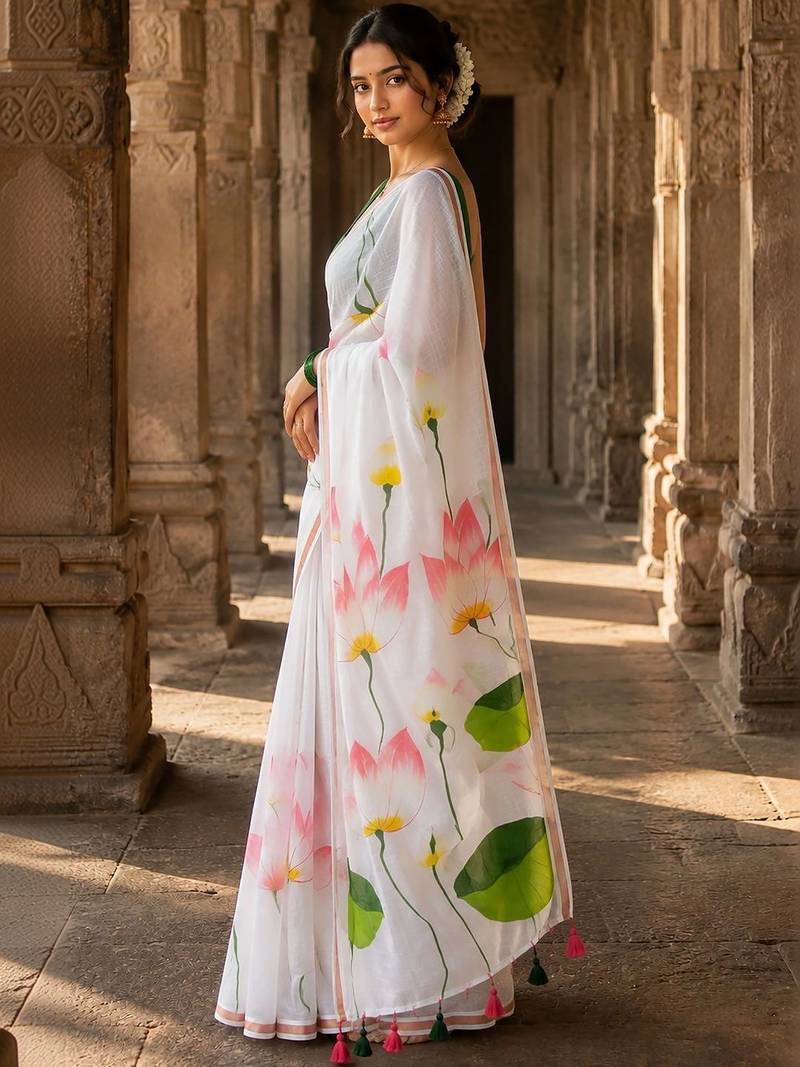 White floral linen blend designer block print saree