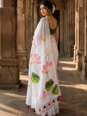 White floral linen blend designer block print saree 3