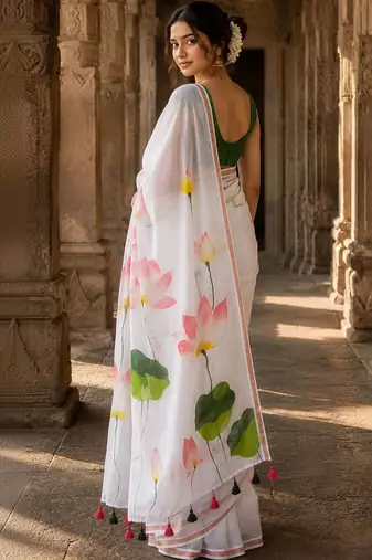 White floral linen blend designer block print saree