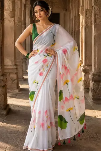 White floral linen blend designer block print saree