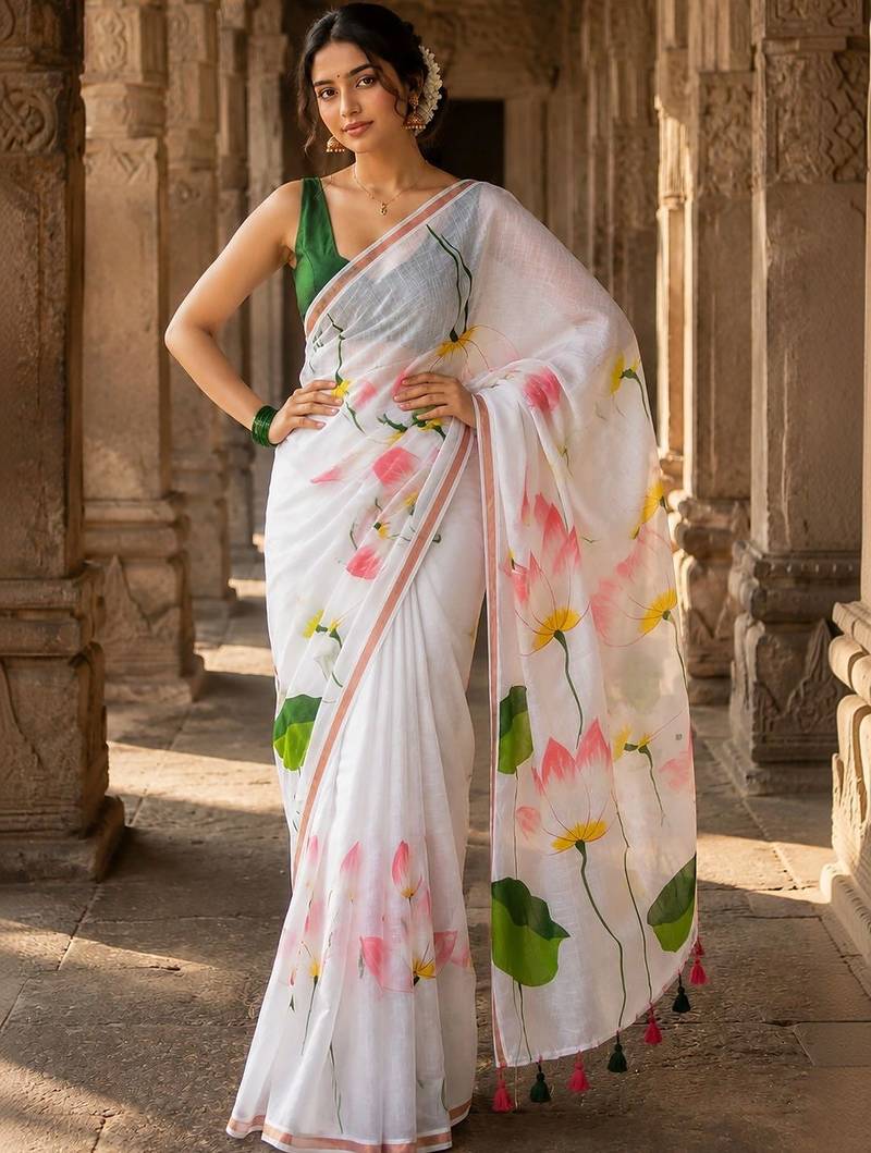 White floral linen blend designer block print saree