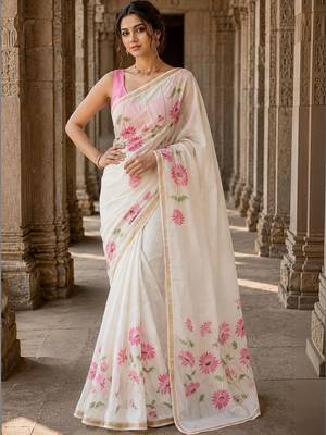 Off white floral linen blend designer block print saree 1