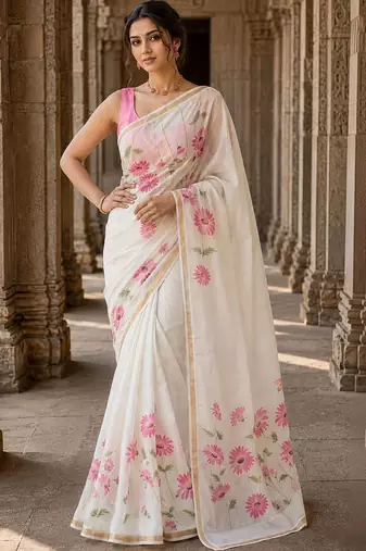 Off white floral linen blend designer block print saree