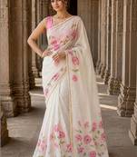 Off white floral linen blend designer block print saree