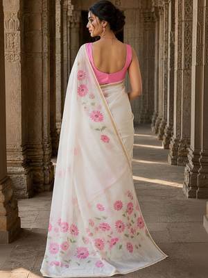Off white floral linen blend designer block print saree 2